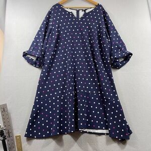 Lane Bryant Dress Womens Navy Blue Polka Dot Roll Tab 3/4 Sleeve Split Neck